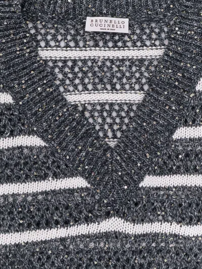 Brunello Cucinelli Dazzling Striped Net Knit Linen Sweater In Multicolor