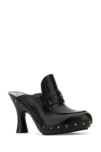Burberry Leather Mules With Curved Heel And Studded Trim In Black
