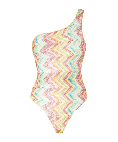 Missoni One-shoulder One-piece Swimsuit In Printed Tulle In Multi