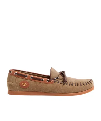 Valentino Garavani Palm Avenue Crust Leather Boat Shoes In Brown