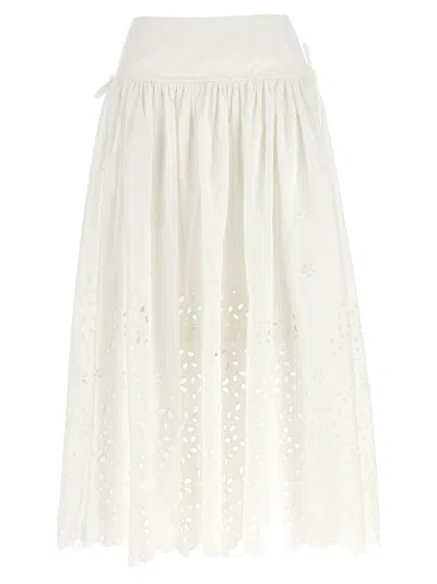 Self-portrait White Midi Skirt With Side Gathered Details And All-over Embroidery
