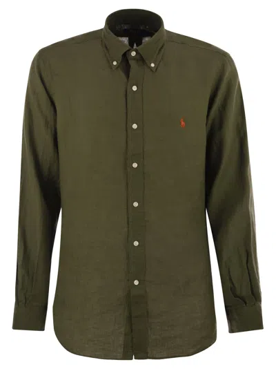 Polo Ralph Lauren Button-down Collar Logo-embroidered Linen Shirt In Green
