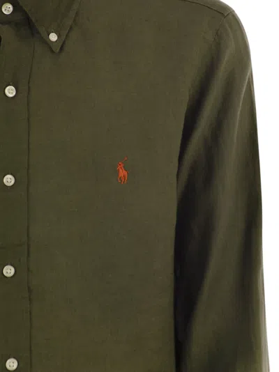 Polo Ralph Lauren Button-down Collar Logo-embroidered Linen Shirt In Green