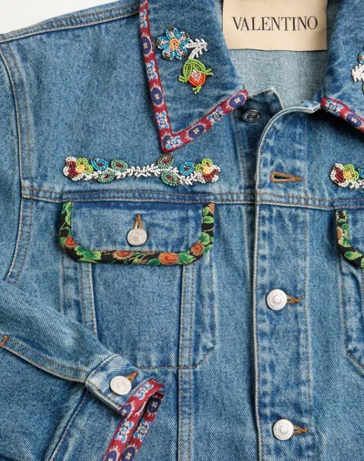 Valentino Denim Jacket With Multicolor Embroidery In Medium Blue