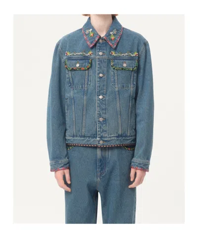 Valentino Denim Jacket With Multicolor Embroidery In Medium Blue