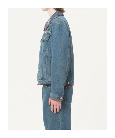 Valentino Denim Jacket With Multicolor Embroidery In Medium Blue