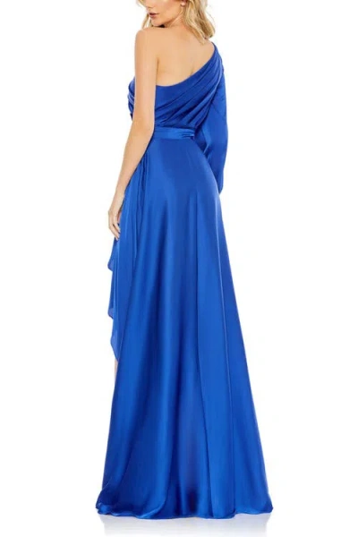 Mac Duggal High Low One Shoulder Flowy Gown In Cobalt