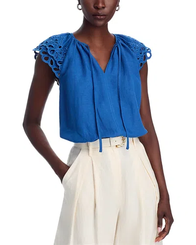 T Tahari Embroidered Puff Sleeve Split Neck Blouse In Summer Night