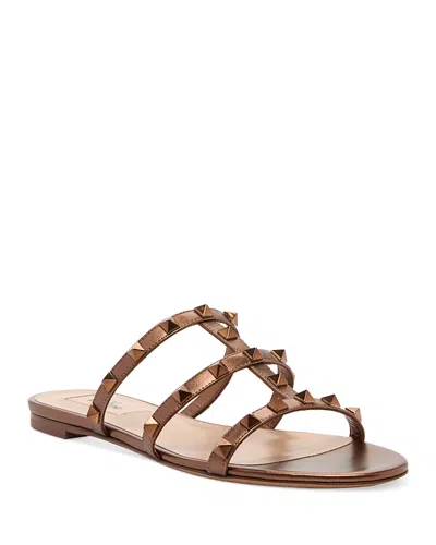Valentino Rockstud Metallic City Flat Slide Sandals In Bronze