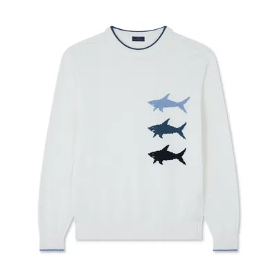 Paul & Shark Maglia Girocollo In Cotone Con Intarsio Sharks In Bianco - Azzurro Mel - Blu Pavone - Blu