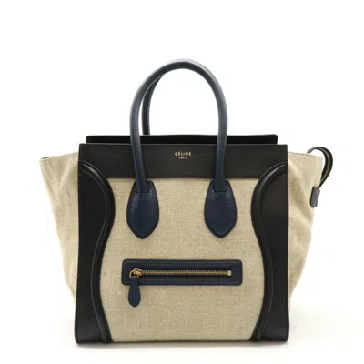 Pre-owned Celine Beige Black Navy Linen Leather Handbag Tote Bag () In Beige, Black, Navy