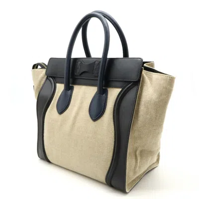 Pre-owned Celine Beige Black Navy Linen Leather Handbag Tote Bag () In Beige, Black, Navy