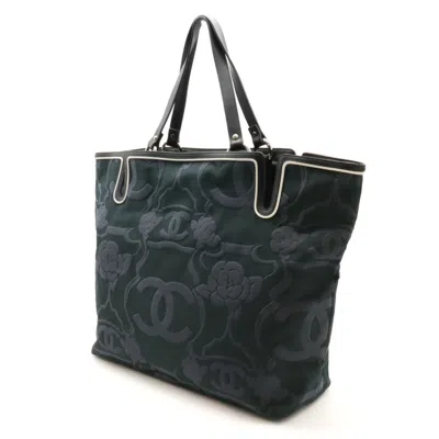 Pre-owned Chanel Black Navy Canvas Leather Shoulder Bag Tote Bag () In Black, Navy