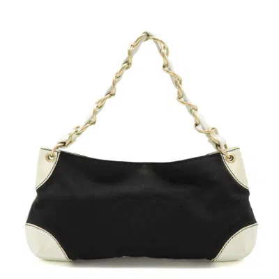 Pre-owned Chanel Black White Canvas Leather Shoulder Bag () In Black, White