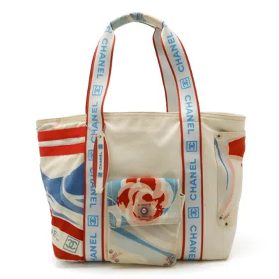 Pre-owned Chanel Ivory Light Blue Red Color Canvas Shoulder Bag Tote Bag () In Ivory, Light Blue, Red Color