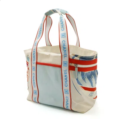 Pre-owned Chanel Ivory Light Blue Red Color Canvas Shoulder Bag Tote Bag () In Ivory, Light Blue, Red Color