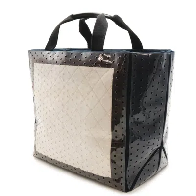Pre-owned Chanel Navy White Vinyl Canvas Tote Bag () In Navy, White