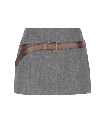 Prada Skirt With Asymmetric Hem And Belted Design In Gray