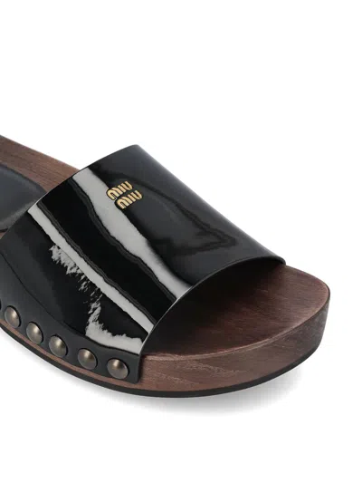 Miu Miu Open-toe Black Patent Sandals With Decorative Studs
