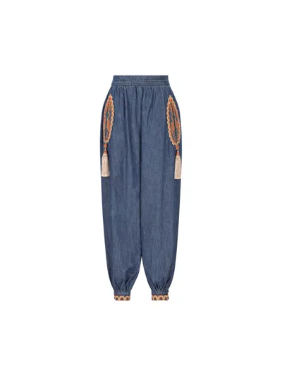 Valentino Embroidered Chambray Denim Wide-leg Crop Blouson Trousers In Medium Blue Denim