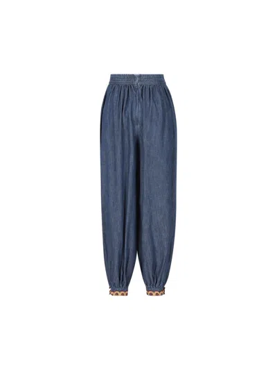 Valentino Embroidered Chambray Denim Wide-leg Crop Blouson Trousers In Medium Blue Denim