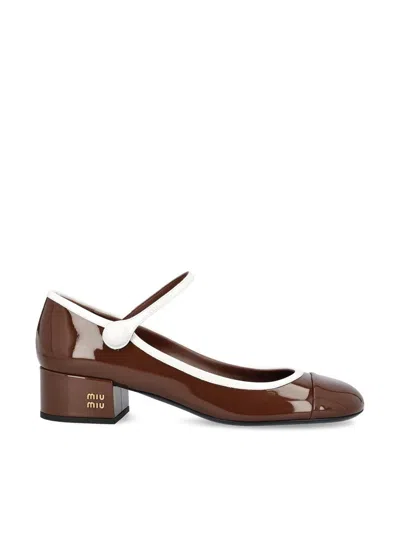 Miu Miu Bicolor Patent Leather Block-heel Mary Jane Pumps In Brown