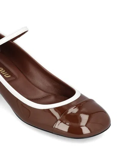 Miu Miu Bicolor Patent Leather Block-heel Mary Jane Pumps In Brown