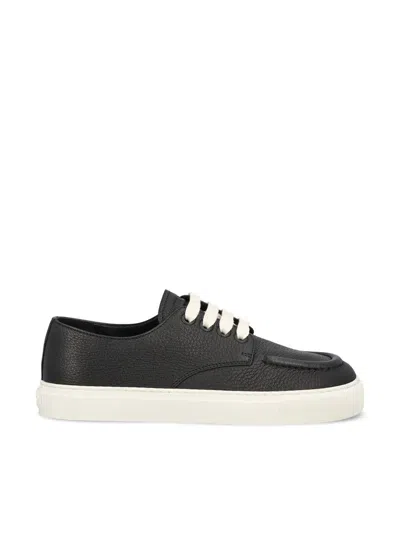 Prada Low Profile Round Toe Sneakers With Textured Finish In Black