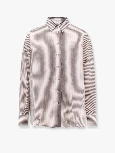 Brunello Cucinelli Striped Linen And Silk Shirt In Multicolor
