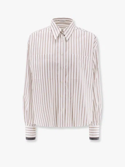 Brunello Cucinelli Striped Cotton Shirt With Monili Detail In Multicolor