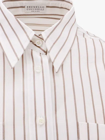 Brunello Cucinelli Striped Cotton Shirt With Monili Detail In Multicolor