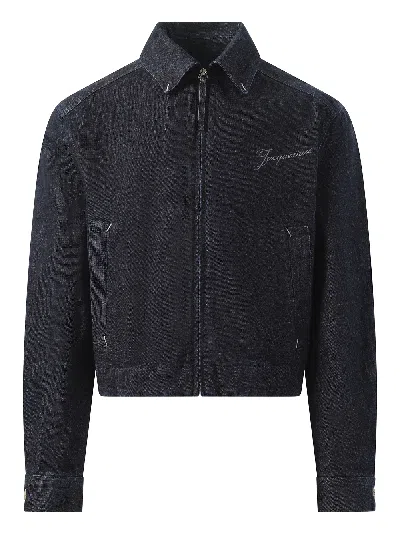 Jacquemus Dark Indigo Denim Jacket With Front Zipper And Logo In Blue