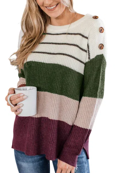 Pretty Bash Colorblock Stripe Buttoned Sweater In Green In Green