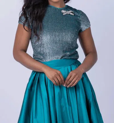 Emily Shalant Sequin Crew Neck Tee With Crystal Bow Broach In Peacock In Blue