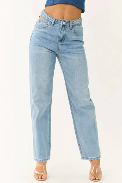 Ceros Cutout Waistband Detail Straight Leg Jeans In Light Blue In Blue