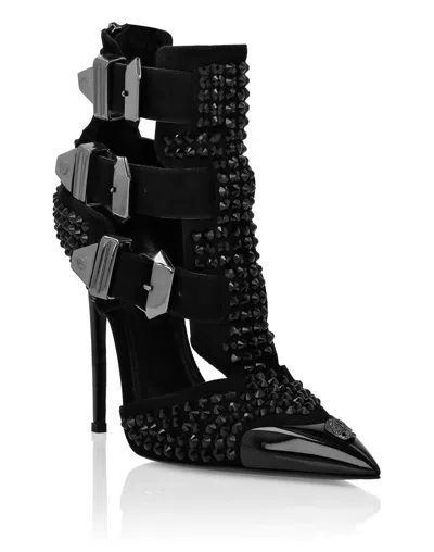Philipp Plein Suede Strass Sandals High Heels Skull In Black