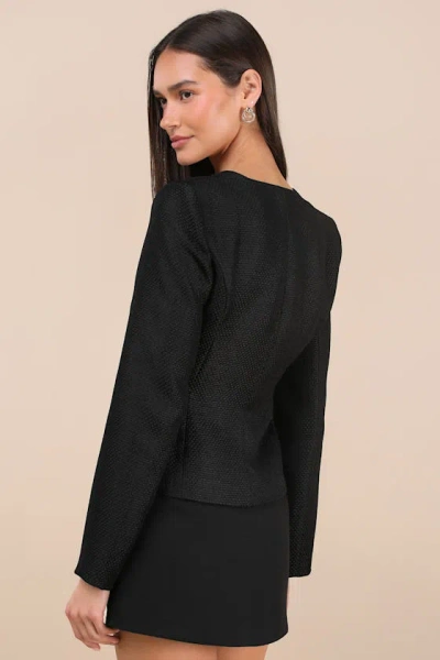 Lulus Hulda Black Textured Button-front Long Sleeve Blazer In Black
