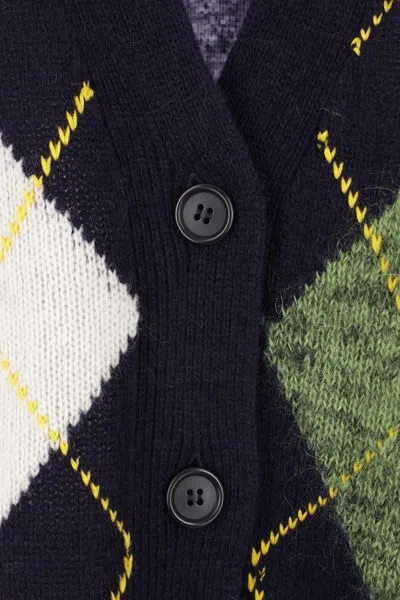 Plan C Argyle Pattern Knit Cardigan With V Neck In Black/multicolor