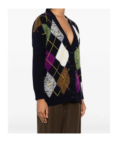Plan C Argyle Pattern Knit Cardigan With V Neck In Black/multicolor