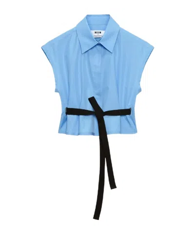Msgm Cropped Shirt With Classic Collar In Blue