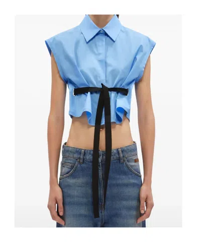 Msgm Cropped Shirt With Classic Collar In Blue