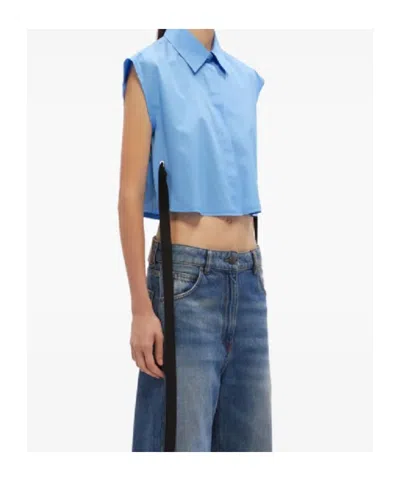 Msgm Cropped Shirt With Classic Collar In Blue