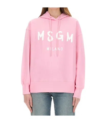 Msgm Hooded Sweatshirt With Drawstring And Ribbed Finish In Pink