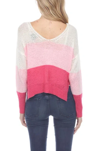 Rain And Rose Stripe V-neck Long Sleeve Openwork Knit Top In Multi