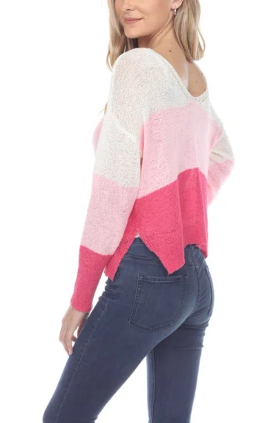 Rain And Rose Stripe V-neck Long Sleeve Openwork Knit Top In Multi