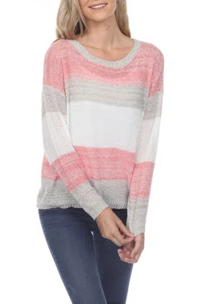 Rain And Rose Stripe Long Sleeve Openwork Knit Top In Fuchsia