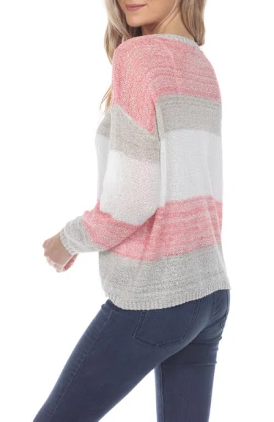 Rain And Rose Stripe Long Sleeve Openwork Knit Top In Fuchsia