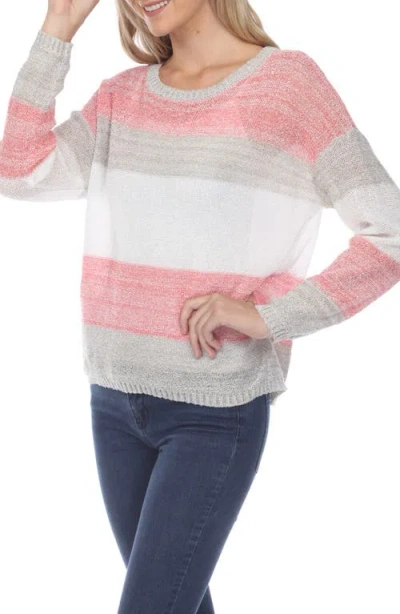 Rain And Rose Stripe Long Sleeve Openwork Knit Top In Fuchsia