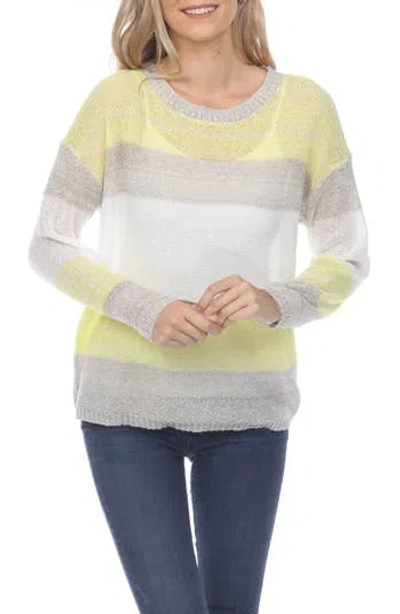 Rain And Rose Stripe Long Sleeve Openwork Knit Top In Lemon