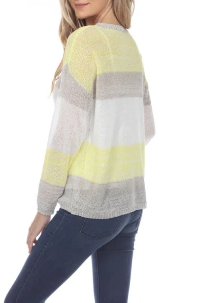 Rain And Rose Stripe Long Sleeve Openwork Knit Top In Lemon